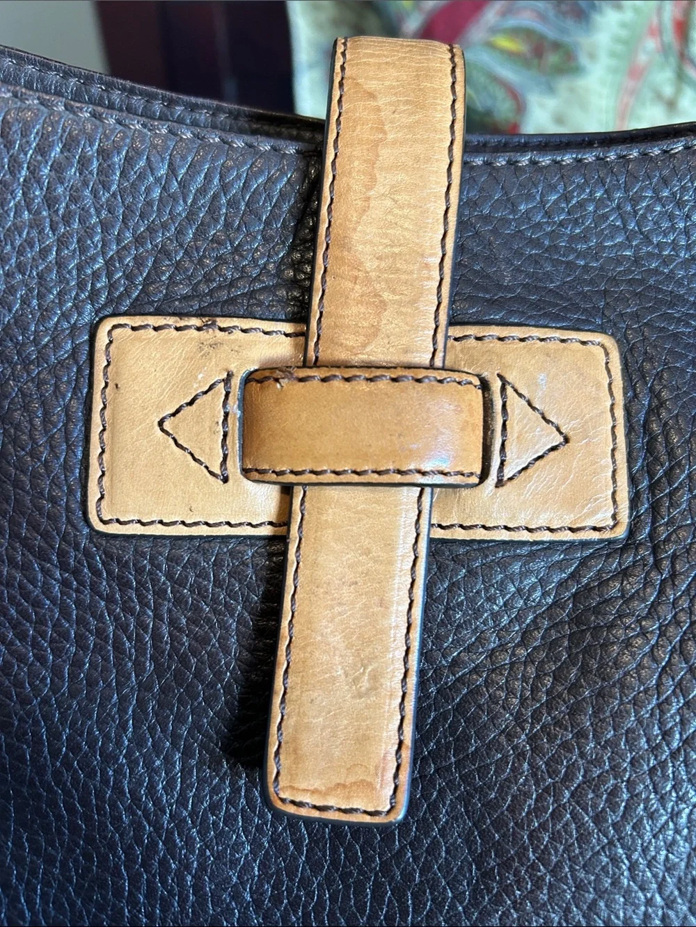 Leather Shoulder Bag in Dark Brown with Tan Accents